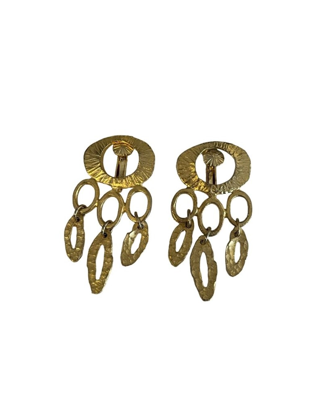 Vintage Gold Tone Dangle Clip On Earrings Hammered Modernist Statement 2x1